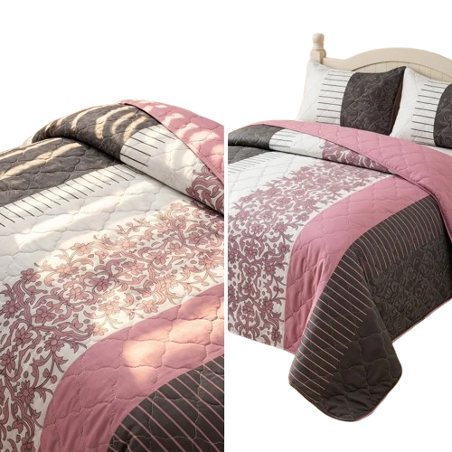 3-Piece Black White & Pink Floral Quilted Bedspread Set for King