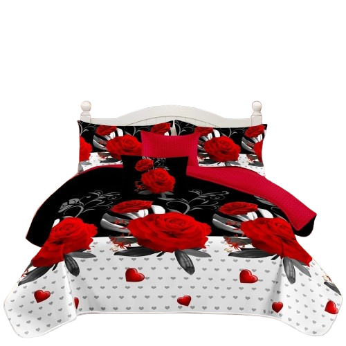 9-Piece Red Rose Quilt and Curtain Set for Bedroom