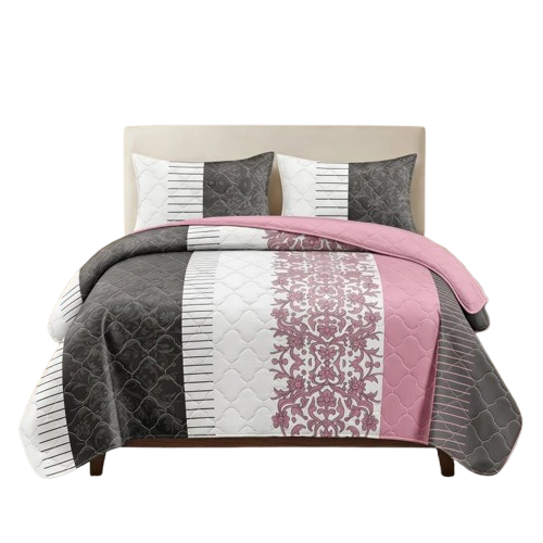3-Piece Black White & Pink Floral Quilted Bedspread Set for King