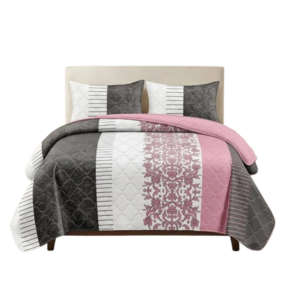 3-Piece Black White & Pink Floral Quilted Bedspread Set for King