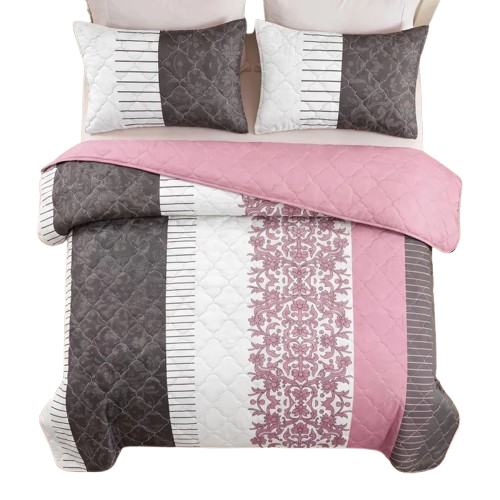 3-Piece Black White & Pink Floral Quilted Bedspread Set for King