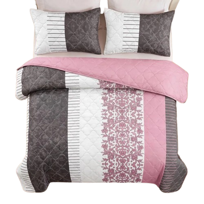 3-Piece Black White & Pink Floral Quilted Bedspread Set for King