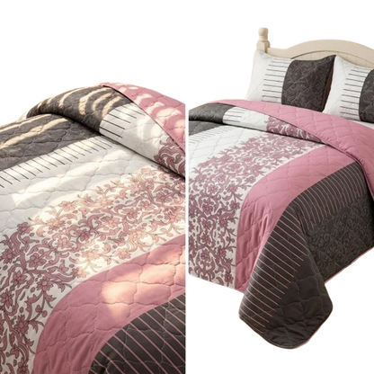 3-Piece Black White & Pink Floral Quilted Bedspread Set for King