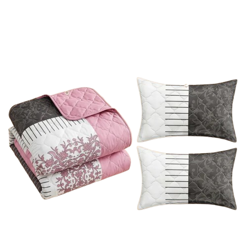 3-Piece Black White & Pink Floral Quilted Bedspread Set for King