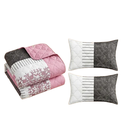 3-Piece Black White & Pink Floral Quilted Bedspread Set for King