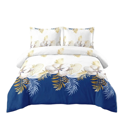 3-Piece Navy Blue & Gold Tropical Floral Duvet Cover Set