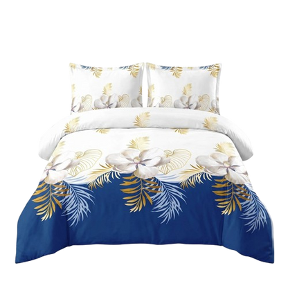3-Piece Navy Blue & Gold Tropical Floral Duvet Cover Set