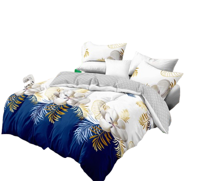 3-Piece Navy Blue & Gold Tropical Floral Duvet Cover Set