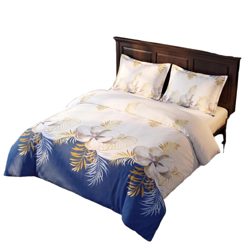 3-Piece Navy Blue & Gold Tropical Floral Duvet Cover Set