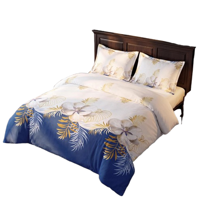 3-Piece Navy Blue & Gold Tropical Floral Duvet Cover Set