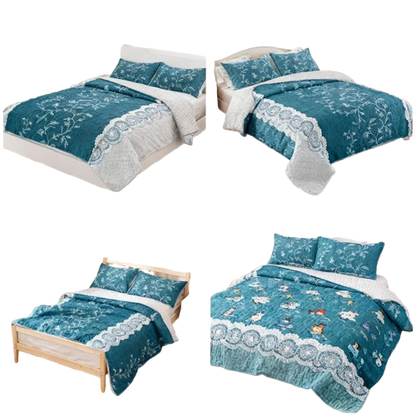 3-Piece Teal Floral Quilt Set with Matching Pillow Shams