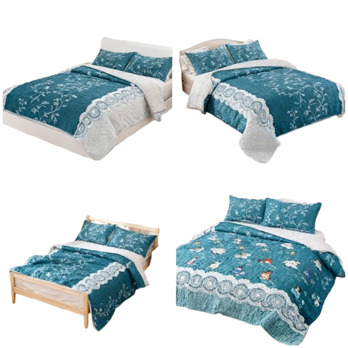 3-Piece Teal Floral Quilt Set with Matching Pillow Shams