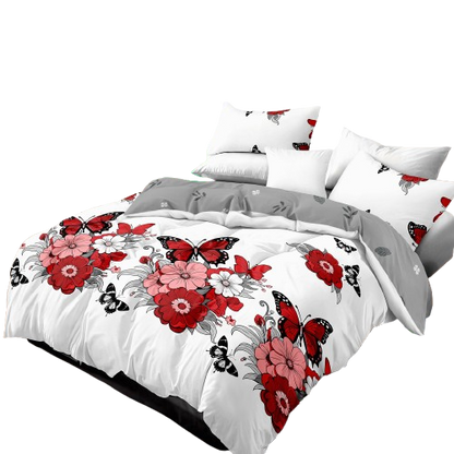 4-Piece Red Floral Butterfly Duvet Cover Set with Fitted Sheet