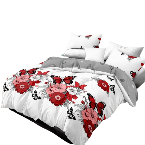 4-Piece Red Floral Butterfly Duvet Cover Set with Fitted Sheet