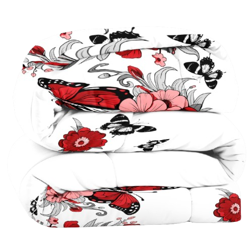 4-Piece Red Floral Butterfly Duvet Cover Set with Fitted Sheet