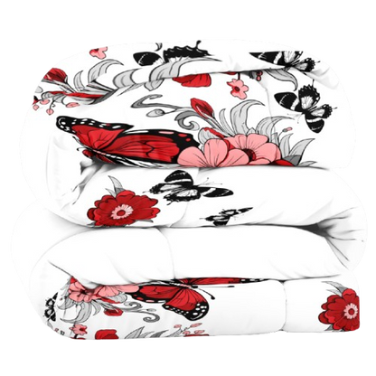 4-Piece Red Floral Butterfly Duvet Cover Set with Fitted Sheet
