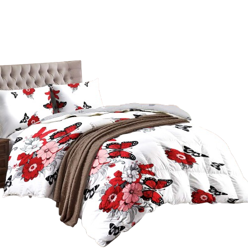 4-Piece Red Floral Butterfly Duvet Cover Set with Fitted Sheet
