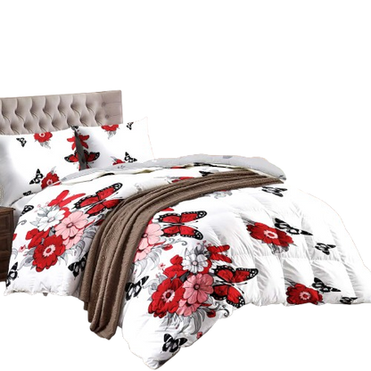 4-Piece Red Floral Butterfly Duvet Cover Set with Fitted Sheet