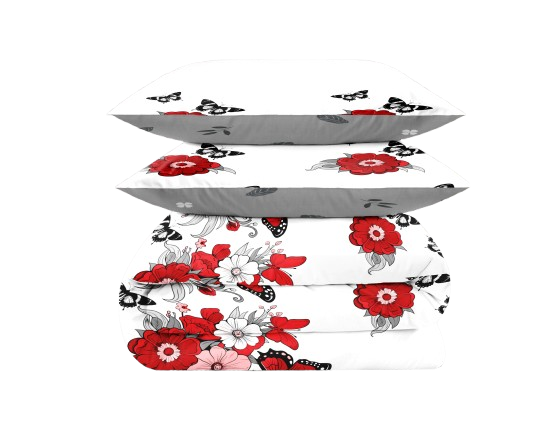 4-Piece Red Floral Butterfly Duvet Cover Set with Fitted Sheet