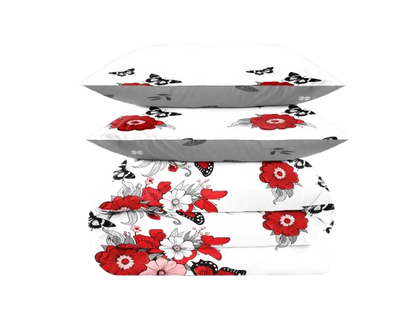 4-Piece Red Floral Butterfly Duvet Cover Set with Fitted Sheet