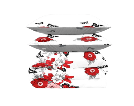 4-Piece Red Floral Butterfly Duvet Cover Set with Fitted Sheet