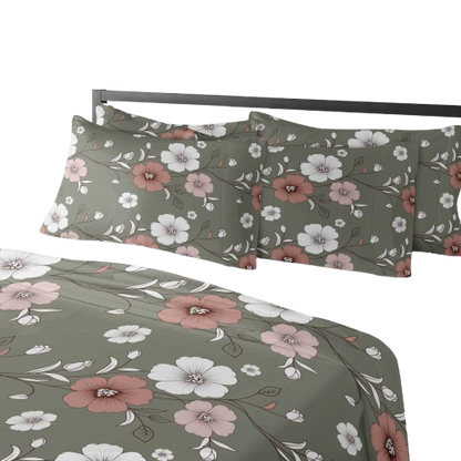 Sage Green Floral Duvet Cover Set – 5 Piece Reversible Microfiber Bedding