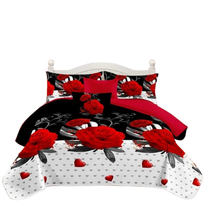 9-Piece Red Rose Quilt and Curtain Set for Bedroom