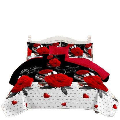 9-Piece Red Rose Quilt and Curtain Set for Bedroom