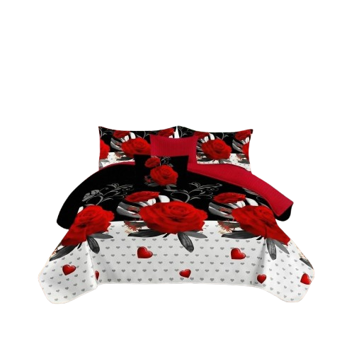 9-Piece Red Rose Quilt and Curtain Set for Bedroom