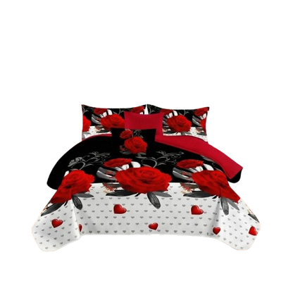 9-Piece Red Rose Quilt and Curtain Set for Bedroom